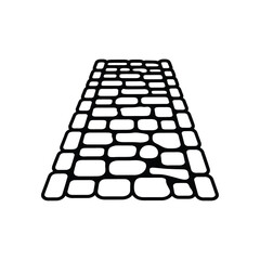Black and white illustration of a cobblestone path receding into the distance