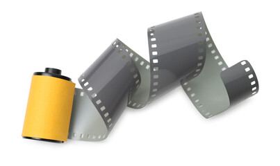 Roll of photographic film isolated on white, top view