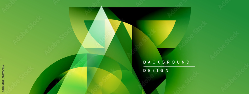 Poster Abstract green background. Geometric shapes overlap, creating dynamic visual effect. Modern design elements present smooth gradients.