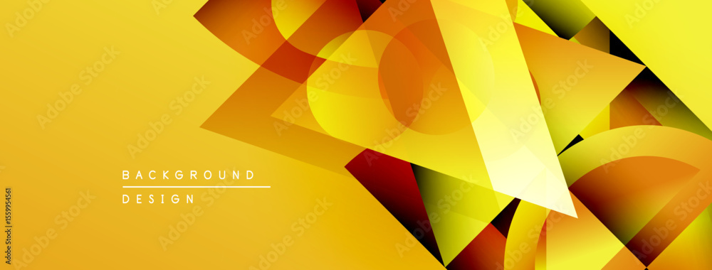 Poster abstract geometric shapes overlap, creating vibrant yellow, orange, red gradients. modern design ele