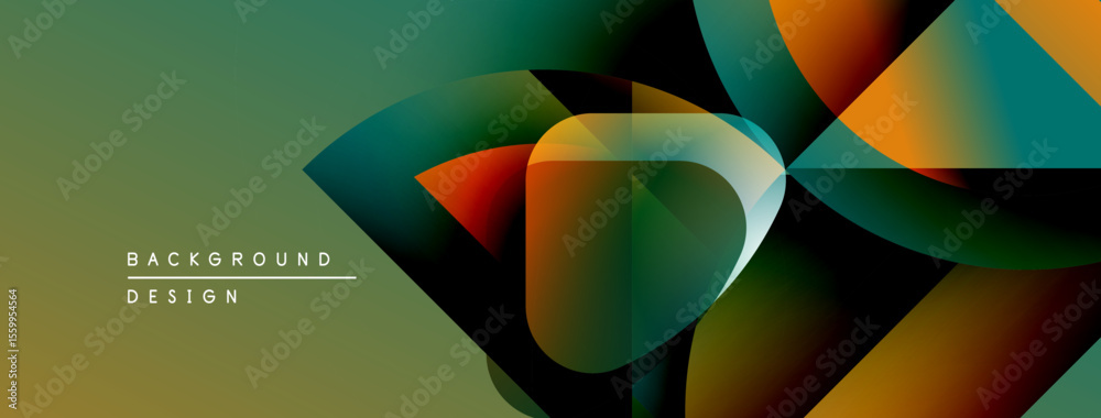 Poster abstract geometric shapes overlap, creating vibrant color gradients. design features olive, teal, or