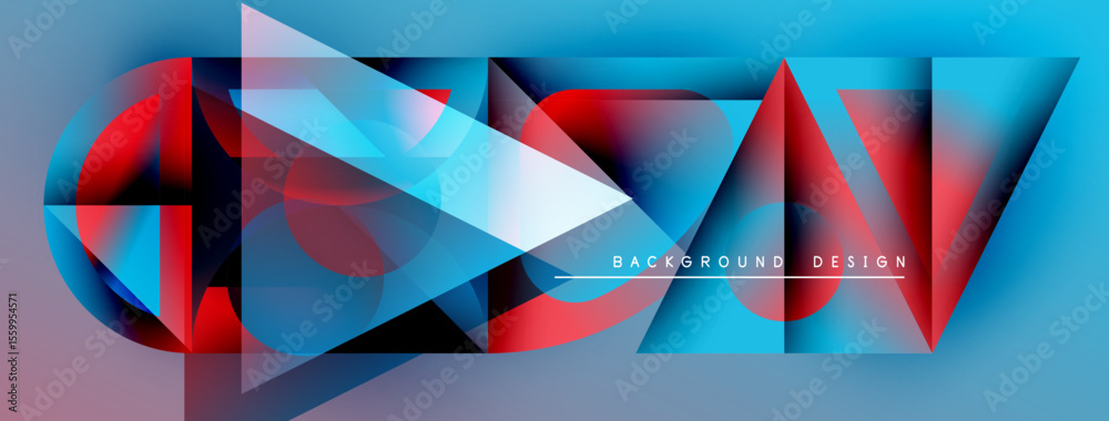 Poster Abstract geometric shapes, vibrant colors, dynamic composition. Modern design elements create visually striking background.