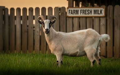 Obraz premium Friendly Farm Goat Posing Near Farm Fresh Milk Sign and Wooden Fence