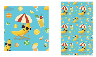 Seamless pattern with a happy banana wearing sunglasses relaxing on a chaise longue surrounded by fruits and cocktails