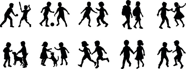 Diverse group of children playing and interacting in silhouette isolated on transparent background, friendship day concept
