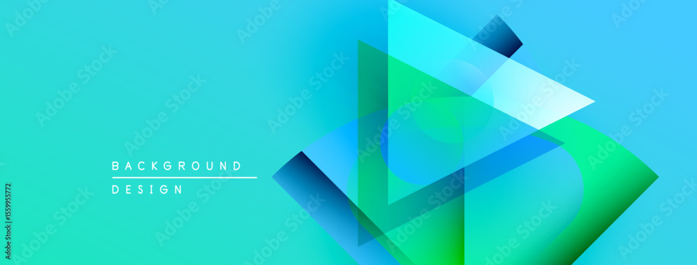 Poster Abstract geometric shapes overlap, creating vibrant turquoise gradient background. Modern design elements suggest innovation, technology.