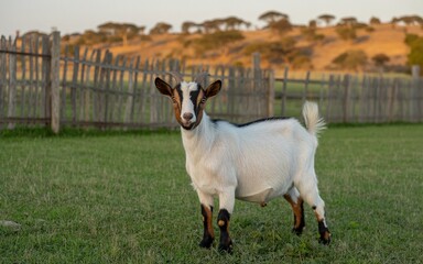 Obraz premium Curious Goat with Horns Posing in a Green Field with a Wooden Fence
