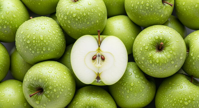 A top-down, close-up photograph of a pile of vibrant green apples, many with water droplets on their skin. One apple in the center is cut in half, revealing its white flesh and core with seeds.