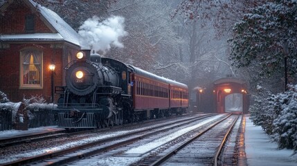 Antique steam locomotive at a small town railroad station during winter