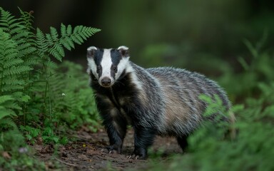 European Badger Stares Intently Amidst Lush Green Ferns in Natural Habitat