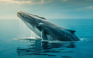 Fototapeta premium Majestic Blue Whale Breaching Ocean Surface with Barnacles and Birds in Natural Habitat