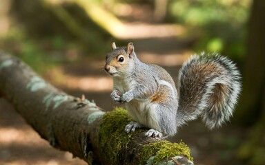 Obraz premium Curious Squirrel Perched on Mossy Branch, Observing with Focused Gaze in Sunlight.