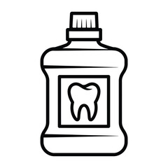 Obraz premium Outline illustration of a bottle of mouthwash with a tooth symbol on the label