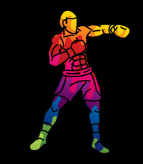 Boxer Punching Action Muay Thai Colorful Kickboxing Boxing Sport Cartoon Graphic Vector