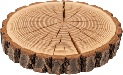 Detailed cross section of a natural wood log showing growth rings and bark transparent background