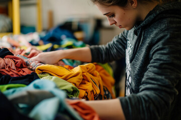 Generative AI image of young volunteer sorting charity clothes to help people in need at donation center indoors