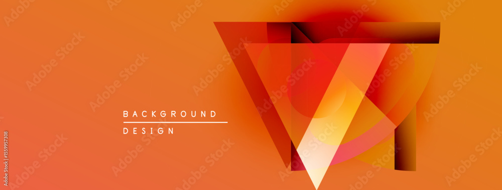 Poster Abstract geometric design features layered orange shapes forming letter V. Modern background with gradient effect, simple text elements present.