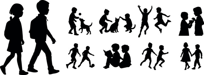Vector art of silhouettes of children playing, walking to school, and engaging in various activities, isolated on transparent background, friendship day concept