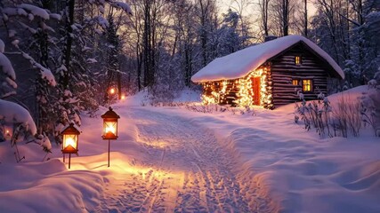 Snow covered path leading to a cozy log cabin illuminated by warm lights at dusk, Snow covered path with cozy log cabin and glowing lanterns in winter forest at dusk - Powered by Adobe