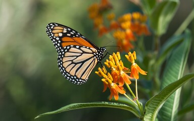 Fototapeta premium Monarch butterfly delicately perched on bright orange butterfly weed flowers