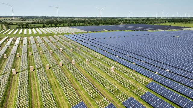 Camera tilt-up view of large-scale solar farm under construction with installed mounting racks, stacked cartons on pallets containing solar modules, components and already mounted photovoltaic panels.