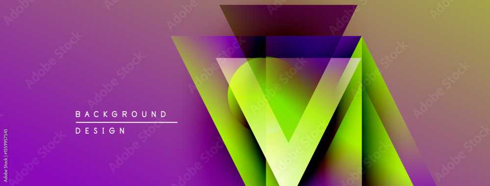 Poster vibrant geometric design. purple, green, yellow gradients create modern abstract backdrop. minimal t