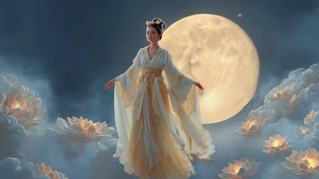 The Moon Goddess Chang'e hovers above the moon, personifying Chinese mythology and the magical atmosphere of the Mid-Autumn Festival, the Moon Festival,