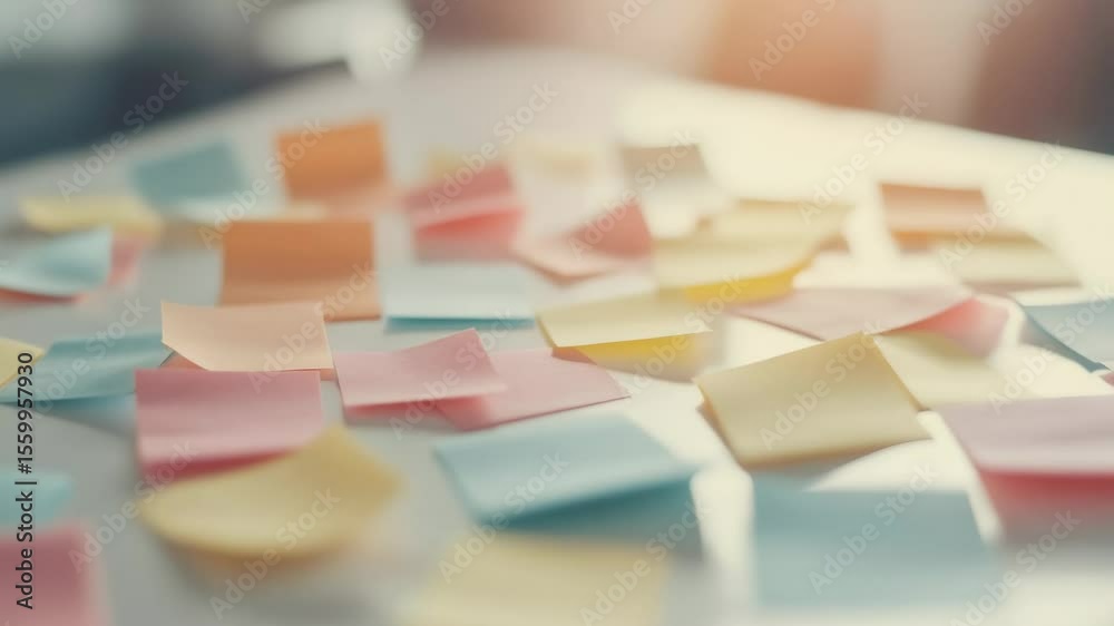 Poster Colorful sticky notes are scattered across a white table, suggesting a brainstorming session or visual thinking process in a bright and creative environment