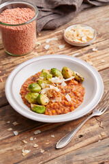 Red lentils with brussels sprouts