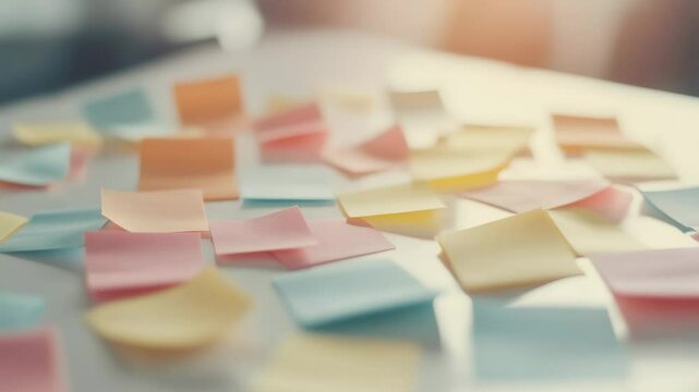 Colorful sticky notes are scattered across a white table, suggesting a brainstorming session or visual thinking process in a bright and creative environment