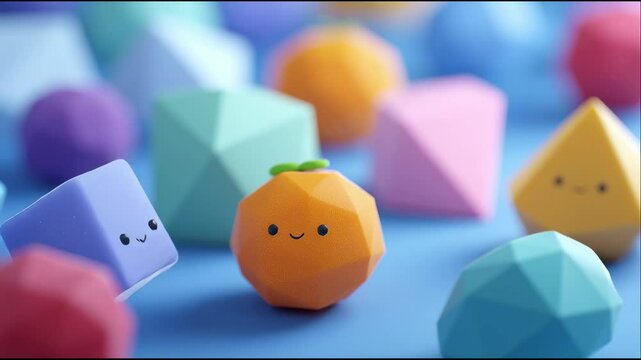 Cute dancing low-poly geometric shapes with smiling faces in pastel colors, perfect for kids&rsquo; design