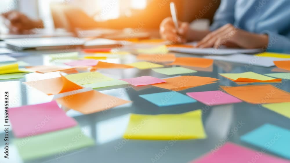 Poster Business team brainstorming and sharing ideas using colorful sticky notes on a glass table, working together on a project in a modern office environment