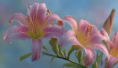 Delicate pink lilies with water droplets