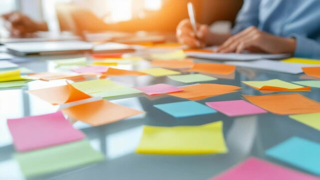 Business team brainstorming and sharing ideas using colorful sticky notes on a glass table, working together on a project in a modern office environment