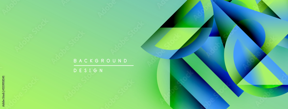 Poster Abstract geometric shapes overlap, creating vibrant gradient effect. Green background complements blue, yellow hues. Modern design element.