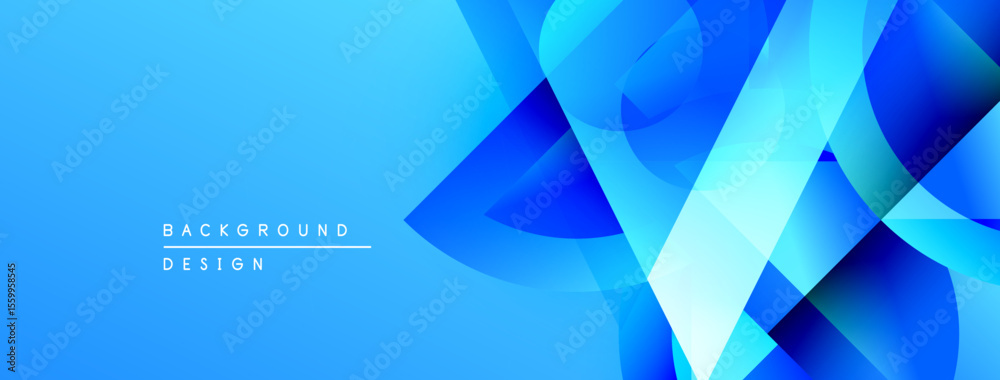 Poster Abstract blue background design features overlapping geometric shapes, gradients, modern aesthetic. Smooth transitions create dynamic visual effect.