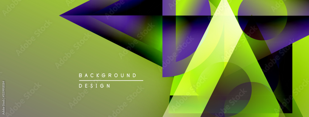 Poster Abstract geometric shapes overlap, creating vibrant green, purple gradients. Modern design elements suggest dynamic visual experience.