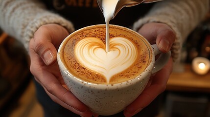 Barista skillfully pours milk into a coffee cup creating a beautiful heart design in a cozy cafe during the morning rush