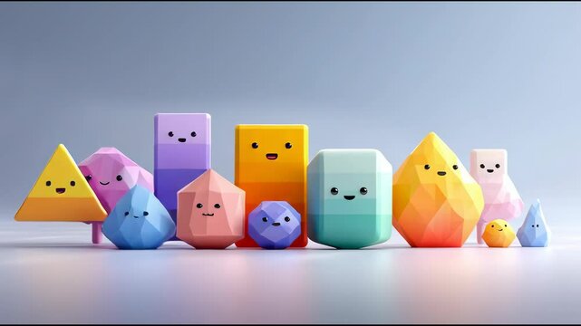Cute low-poly bouncing geometric shapes with smiling faces in pastel blue, pink, yellow, and purple