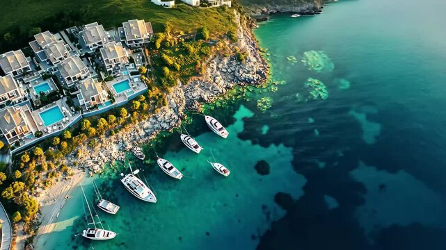 Aerial view of D'Marin Turgutreis showcasing luxury yachts and stunning turquoise waters in Bodrum, Aerial view of D-Marin Turgutreis near Bodrum in Mugla Province, Turkey