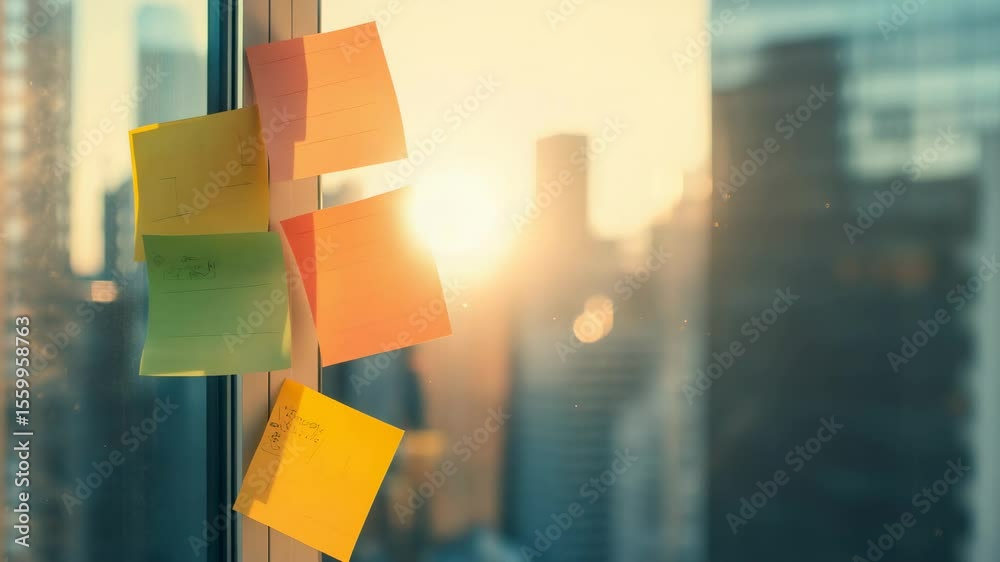 Poster colorful sticky notes are attached to a window in a modern office, illuminated by the warm glow of t