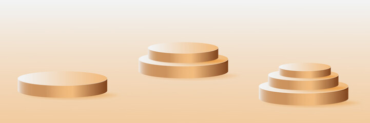 Set of beige, gold 3D podiums of different heights. Stage layout, showcase for studio, pedestal for showroom. Vector podium for presentation or for awarding.