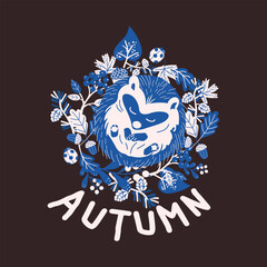 Hello Autumn. Сozy forest animals folk poster. Vintage blue line autumn card with cute sleeping hedgehog, leaves and branches. Natural background for sticker, poster, print, badges