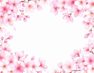 Beautiful pink cherry blossom frame on white background, perfect for spring designs and invitations