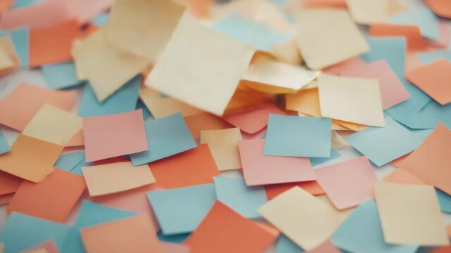 Colorful sticky notes are scattered across a white surface, creating a vibrant and dynamic composition that suggests brainstorming, idea generation, and creative thinking