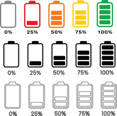Battery Charge Level Icon Set – Percentage Power Indicators for UI and Devices