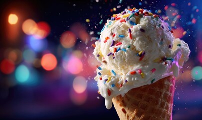 Ice cream scoop in waffle cone with sprinkles