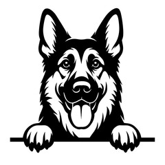 A distinguished German shepherd dog peers over a stylized border, exuding a friendly demeanor and playful curiosity, perfectly capturing canine loyalty.