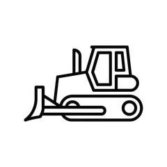Simple black line art icon of a bulldozer on a white background