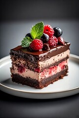 Elegant Slice of Chocolate Raspberry Mousse Cake with Gourmet Garnishes – Dessert Photography

